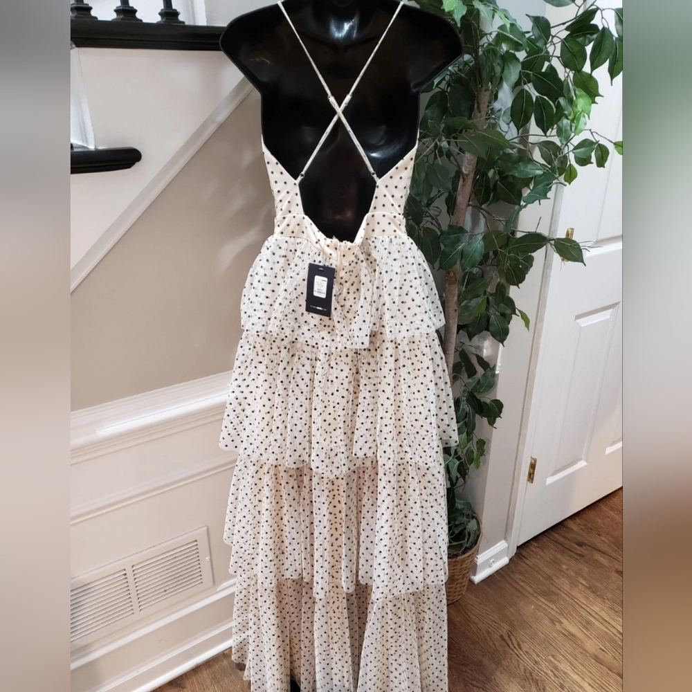 White Polka Dot Tiered Maxi Dress with Plunge Neck - Picture 8 of 9
